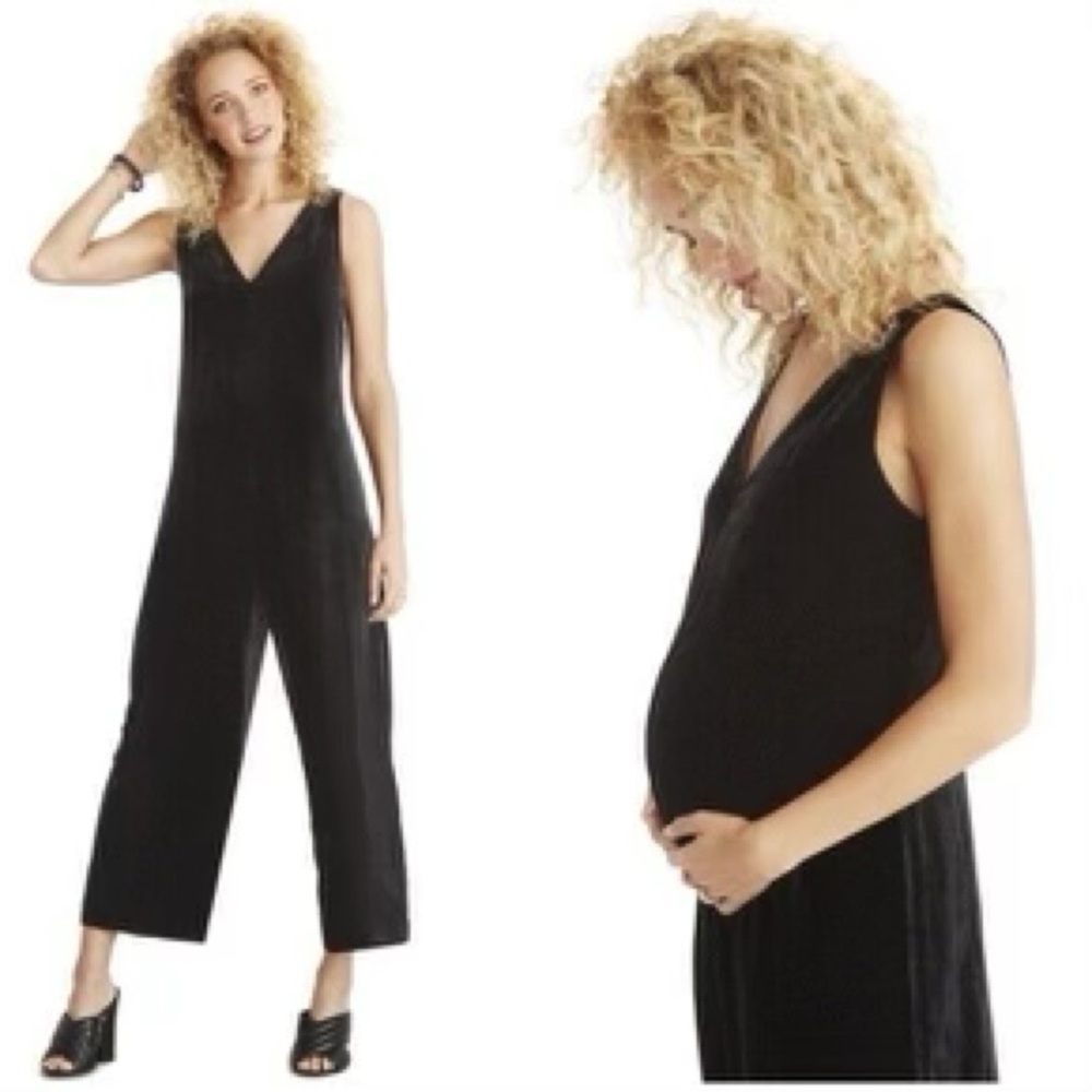 Hatch Maternity The Violette Velvet V-Neck Crop Jumpsuit Jumper Black Sz 0